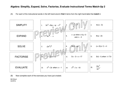 Algebra Simplify Expand Solve Factorise Evaluate Instructional Terms ...
