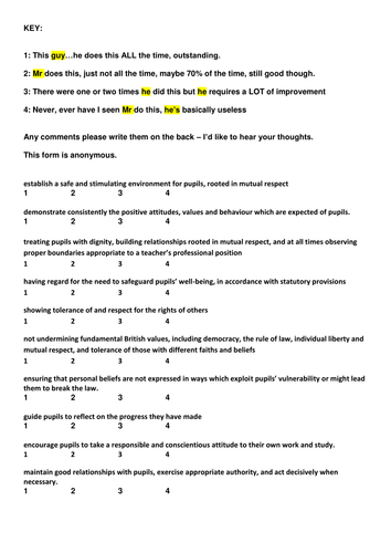 A pupil survey I used during my PGCE for evidence towards the teaching standards