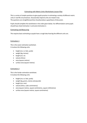 Metric estimation worksheets