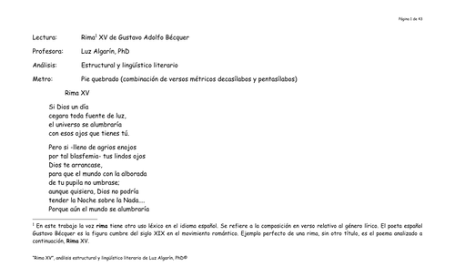 Análisis estructural y lingüístico-literario de "Rima XV" de Gustavo Adolfo Bécquer