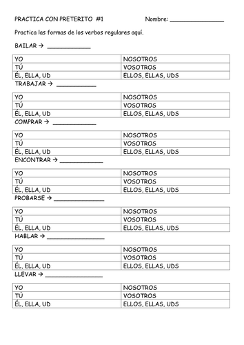 Conjugation grids for Preterite Regular Verbs and CAR/GAR/ZAR