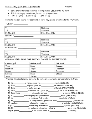 Preterite Notes and Practice CAR/GAR/ZAR verbs