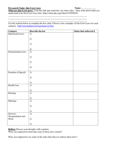 Movie Guide: THE HELP and Jim Crow Presearch Activity