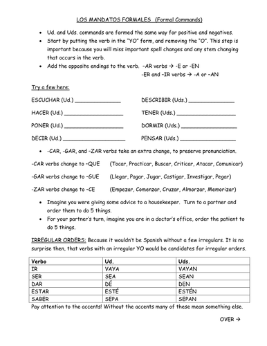 Mandatos Formales (Ud., Uds., Nosotros Commands) Notes and Practice by