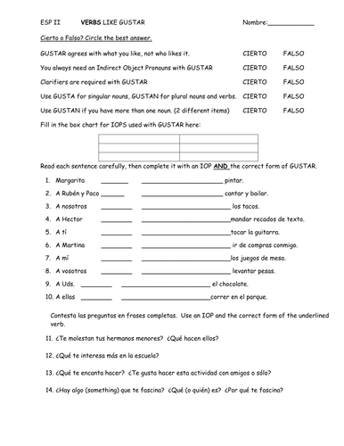 Spanish Verbs Like Gustar Practice