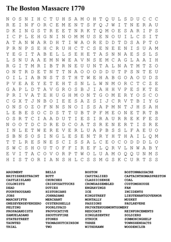 The Boston Massacre 1770 Word Search