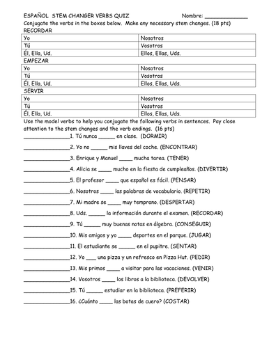 Stem Changer Verbs Quiz: All families