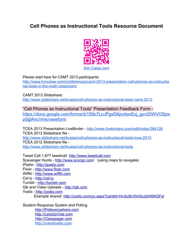 Cell Phones as Instructional Tools Reference Sheet