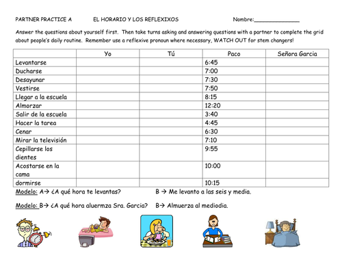 Partner Practice: El horario y los reflexivos