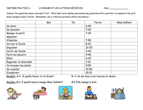 Partner Practice: L'horaire et les verbes reflechis