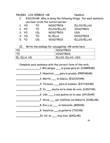 Prueba Ar Verbs Quiz Teaching Resources