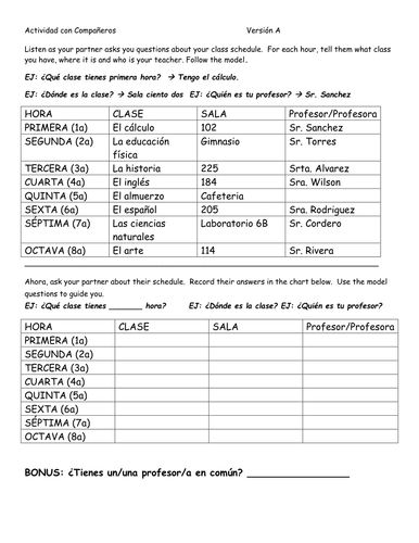 Partner Activity: El horario escolar