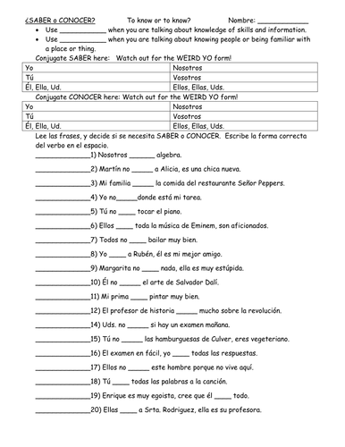 ¿SABER or CONOCER?  Notes and practice