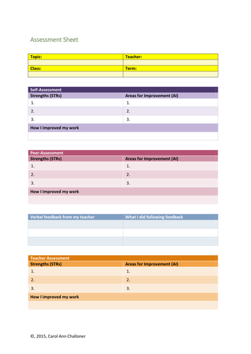 Computing: Topic Assessment Sheet