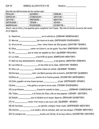 Stem Changing Verb Practice: E&ndash;&gt; IE verbs | Teaching Resources