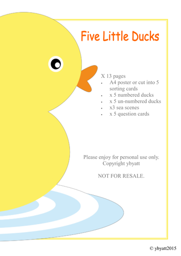 FIVE LITTLE DUCKS - PRINTABLE ACTIVITY AND GAMES - FOCUS: SUBTRACTION/ ONE LESS & MONEY 