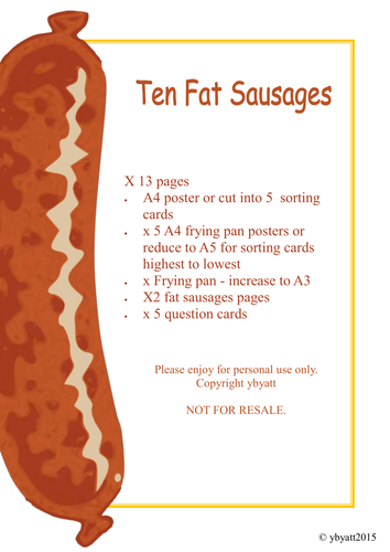 TEN FAT SAUSAGES - PRINTABLE ACTIVITY AND GAMES - FOCUS: SUBTRACTION/ TWO LESS