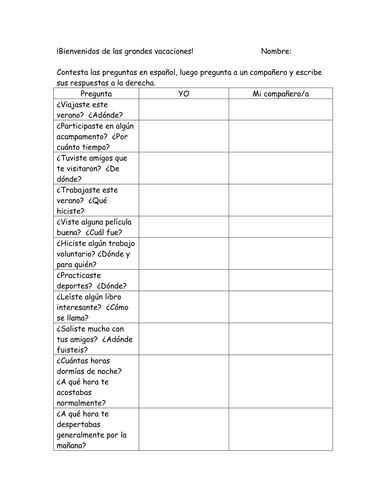 ¡Bienvenidos! Welcome back Survey and Introductions Activity