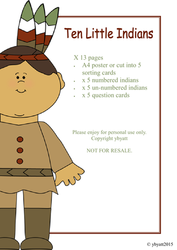 TEN LITTLE INDIANS - PRINTABLE ACTIVITY AND GAMES - FOCUS: SUBTRACTION/ ONE LESS  ADDITTION/ONE MORE