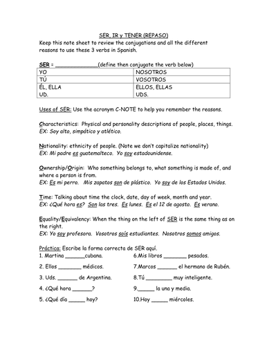 SER IR TENER: Notes and review and practice pages