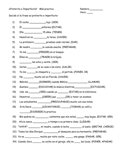 Preterite Vs Imperfect Practice Sentences Teaching Resources