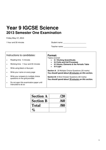 IGCSE Coordinated Science Half Yearly Examination 