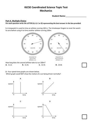 Cambridge IGCSE Double Award Mechanics Test