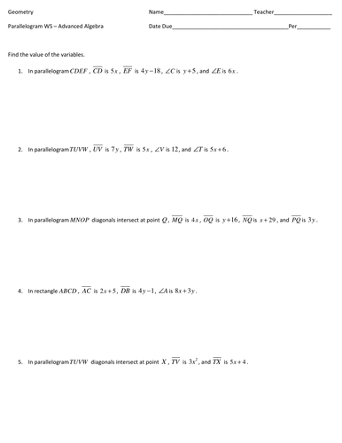 Parallelogram Worksheet -- Advanced Algebra