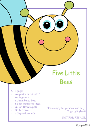 FIVE LITTLE BEES ACTIVITY & QUESTION CARDS - FOCUS SUBTRATION/ONE LESS