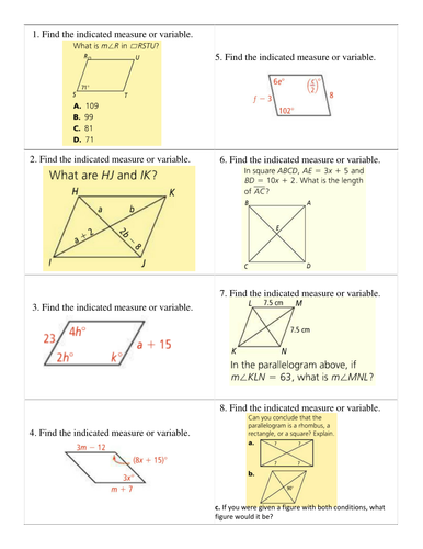 Quadrilaterals -- Algebra Practice Cards