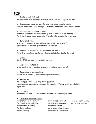 Por vs Para: Printable Notes and 70 Practice Examples