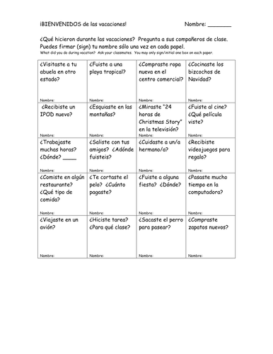 Preterite Verb Interview Activity: ¡Bienvenidos de las vacaciones!