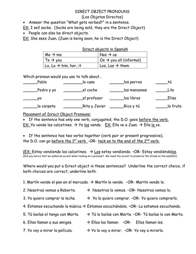 Direct Object Pronouns: Notes and Practice