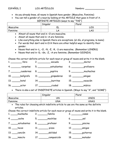 Articles in Spanish: Definite and Indefinite with Practices