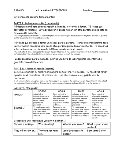 La llamada del teléfono: Oral assessment on taking a message in Spanish