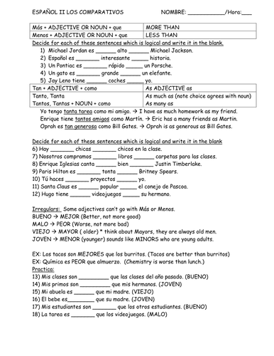 LOS COMPARATIVOS: Notes Practice and Fun Activity