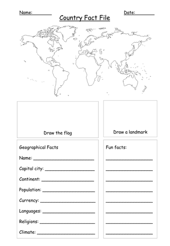 Country Fact File World Map Template Worksheet Geography 