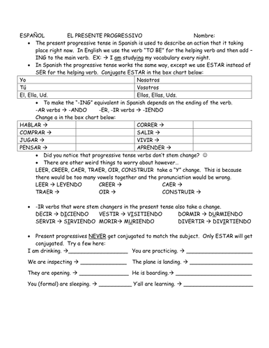 Present Progressive Verbs: Notes and Practice Examples