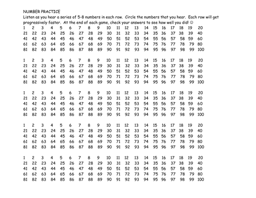 Number Practice Grid 0-100 by 1's