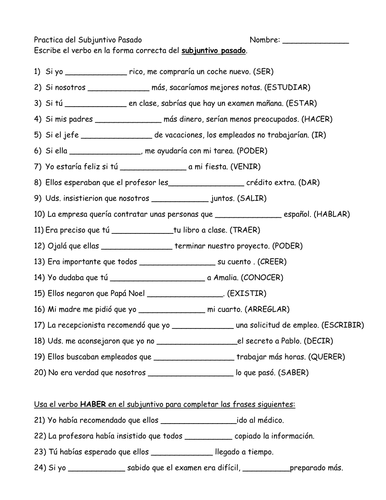 Past Subjunctive Verb Conjugation Practice Teaching Resources