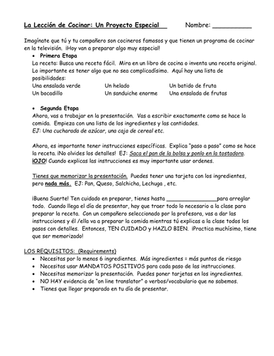 La Lección de Cocinar: Class Demonstration Assessment