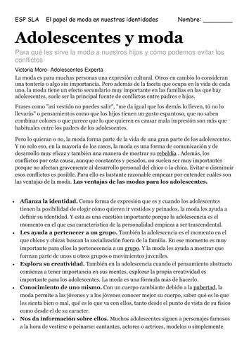 El Papel de Moda en Nuestras Identidades - Article for Reading and comprehension questions