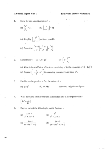 Advanced Higher Mathematics Homework set for units 1, 2 and 3 by ...