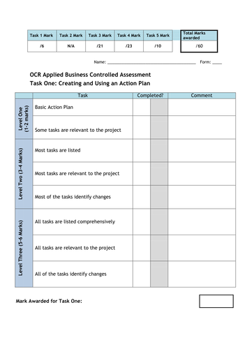 GCSE OCR Applied Business Studies Controlled Assessment Checklists