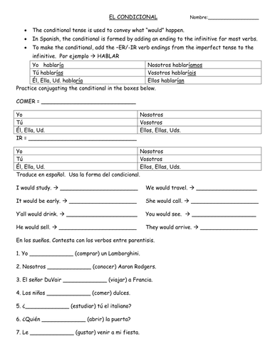 El Condicional: Notes and Practice Packet (Conditional tense) 