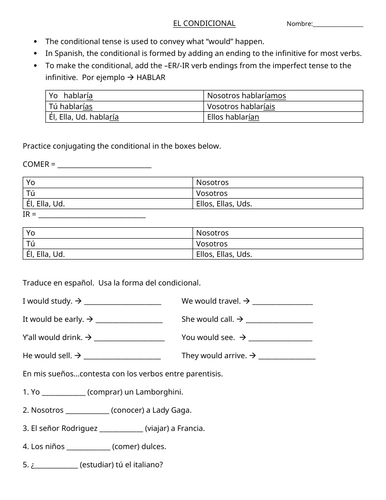 El Condicional: Notes and Practice Packet (Conditional tense) 