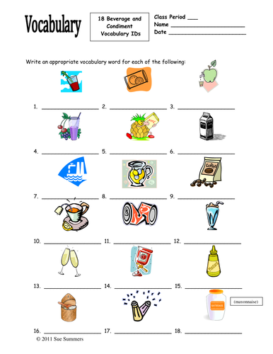 18 Food Unit (Beverages & Condiments) Vocabulary IDs for Any Language