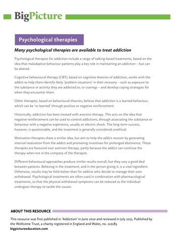 Overview of cognitive and behavioural approaches to addiction treatment for KS5 psychology