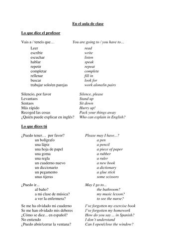 Sheet for classroom language
