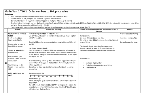 Year 2 maths plan for term 1 week 1